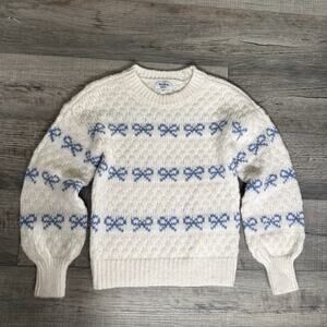 Textured Bow Sweater Women XXS Cream Blue Coquette Cottagecore Knit Pullover